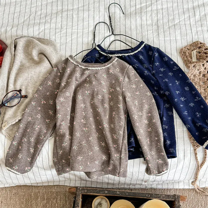 長袖Tシャツ キッズトップス フラワー小花柄プリントレース長袖Tシャツ【mh0007768】