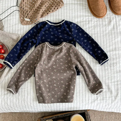 長袖Tシャツ キッズトップス フラワー小花柄プリントレース長袖Tシャツ【mh0007768】