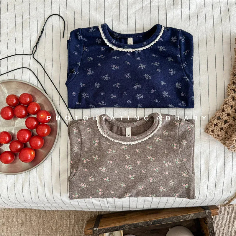 長袖Tシャツ キッズトップス フラワー小花柄プリントレース長袖Tシャツ【mh0007768】