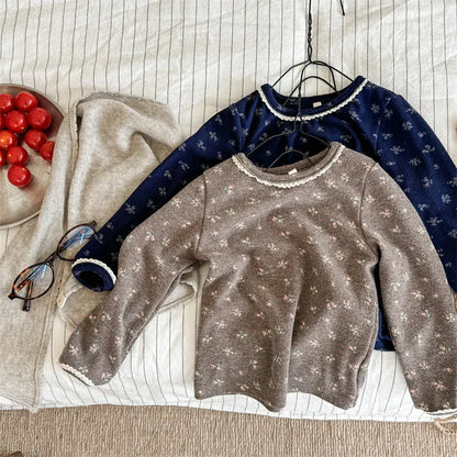 長袖Tシャツ キッズトップス フラワー小花柄プリントレース長袖Tシャツ【mh0007768】