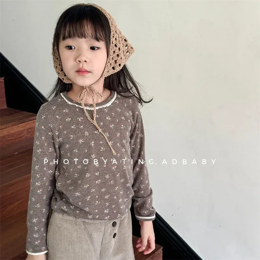 長袖Tシャツ キッズトップス フラワー小花柄プリントレース長袖Tシャツ【mh0007768】