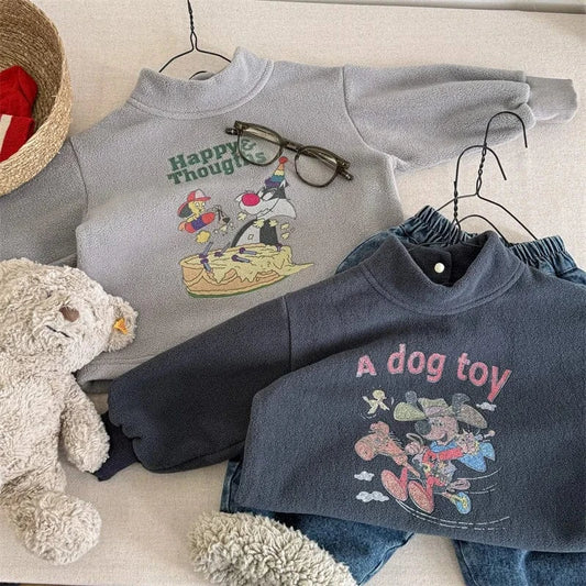 長袖Tシャツ キッズトップス キャラクタープリントフリース長袖プルオーバーTシャツ【mh0007960】