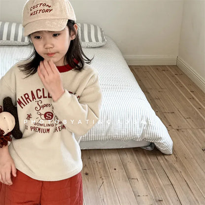 長袖Tシャツ キッズトップス レターロゴプリントフリース長袖Tシャツ【mh0008440】