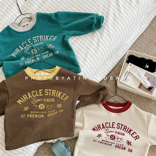 長袖Tシャツ キッズトップス レターロゴプリントフリース長袖Tシャツ【mh0008440】