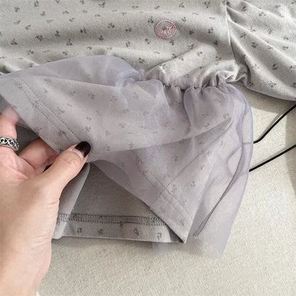 長袖Tシャツ キッズトップス フラワー小花柄プリントチュールペプラムドッキング長袖Tシャツ【mh0008650】