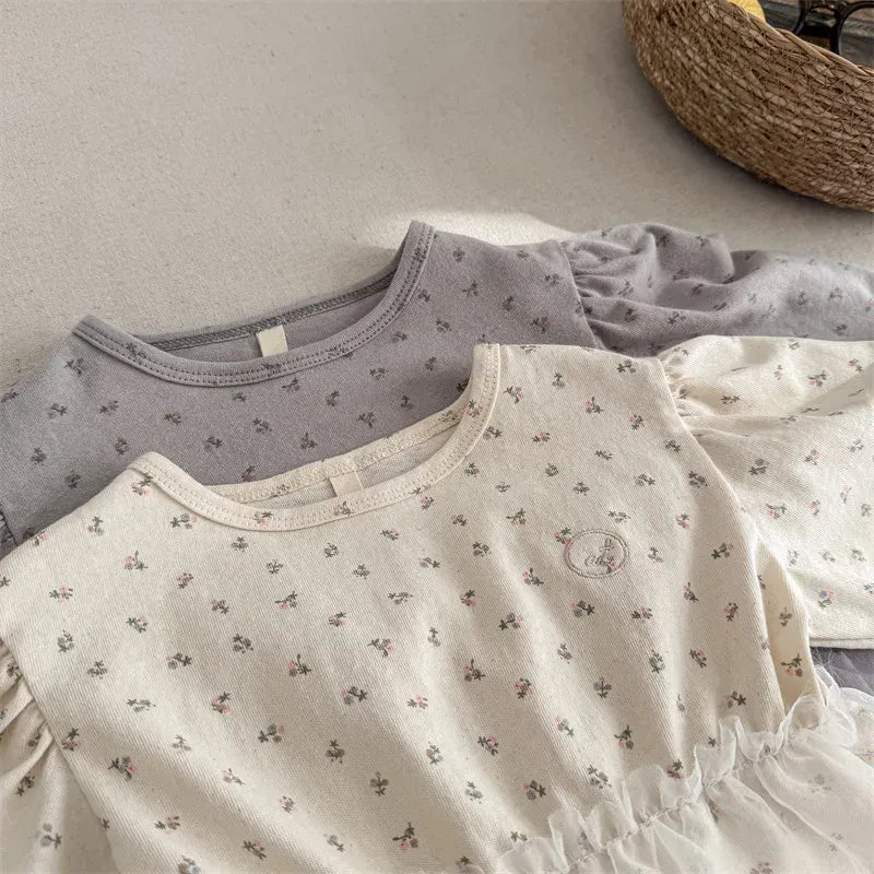 長袖Tシャツ キッズトップス フラワー小花柄プリントチュールペプラムドッキング長袖Tシャツ【mh0008650】