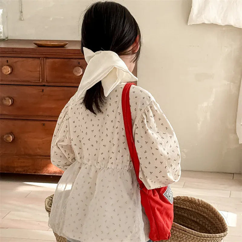 長袖Tシャツ キッズトップス フラワー小花柄プリントチュールペプラムドッキング長袖Tシャツ【mh0008650】