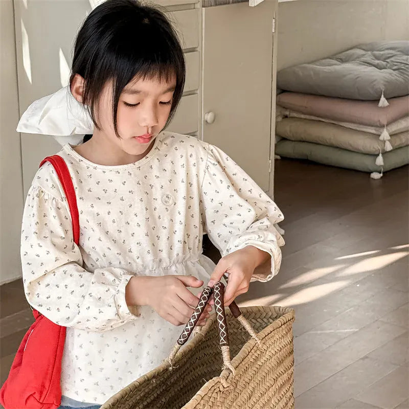 長袖Tシャツ キッズトップス フラワー小花柄プリントチュールペプラムドッキング長袖Tシャツ【mh0008650】