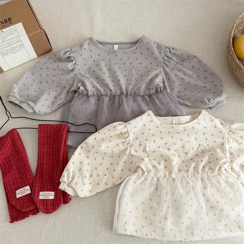 長袖Tシャツ キッズトップス フラワー小花柄プリントチュールペプラムドッキング長袖Tシャツ【mh0008650】