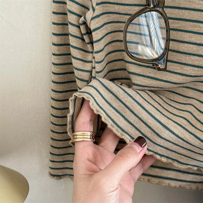 長袖Tシャツ キッズトップス シンプルベーシックボーダーフリルネック長袖Tシャツ【mh0008651】