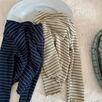 長袖Tシャツ キッズトップス シンプルベーシックボーダーフリルネック長袖Tシャツ【mh0008651】