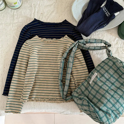 長袖Tシャツ キッズトップス シンプルベーシックボーダーフリルネック長袖Tシャツ【mh0008651】