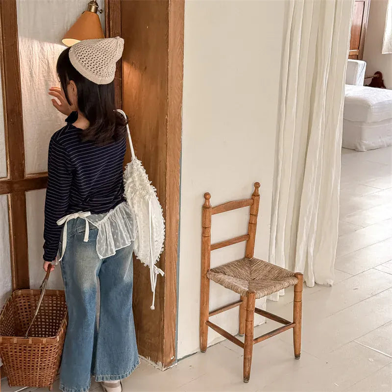 長袖Tシャツ キッズトップス シンプルベーシックボーダーフリルネック長袖Tシャツ【mh0008651】