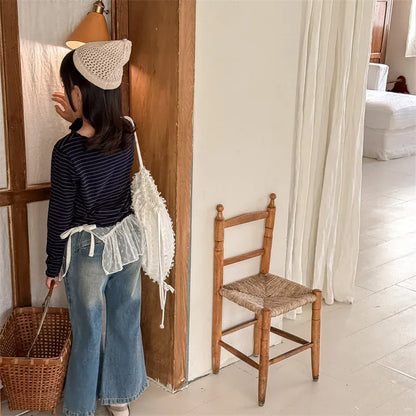 長袖Tシャツ キッズトップス シンプルベーシックボーダーフリルネック長袖Tシャツ【mh0008651】