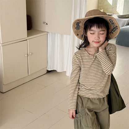 長袖Tシャツ キッズトップス シンプルベーシックボーダーフリルネック長袖Tシャツ【mh0008651】