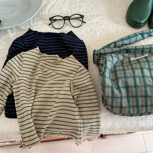 長袖Tシャツ キッズトップス シンプルベーシックボーダーフリルネック長袖Tシャツ【mh0008651】