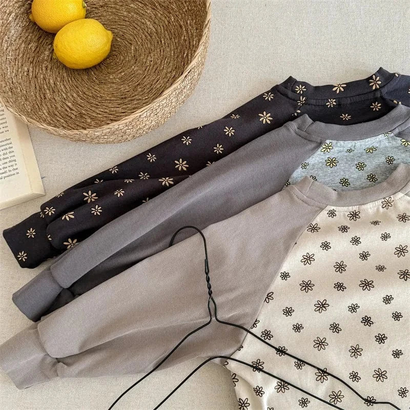 長袖Tシャツ キッズトップス レトロフラワープリントラグランパッチワーク長袖Tシャツ【mh0008653】