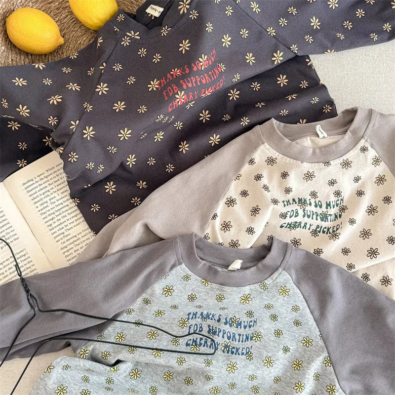 長袖Tシャツ キッズトップス レトロフラワープリントラグランパッチワーク長袖Tシャツ【mh0008653】