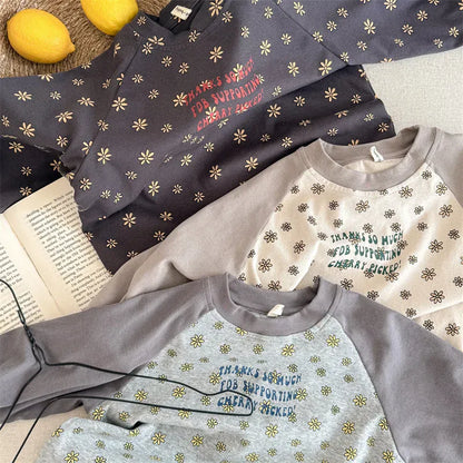 長袖Tシャツ キッズトップス レトロフラワープリントラグランパッチワーク長袖Tシャツ【mh0008653】