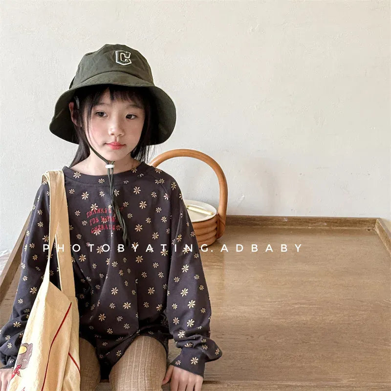 長袖Tシャツ キッズトップス レトロフラワープリントラグランパッチワーク長袖Tシャツ【mh0008653】