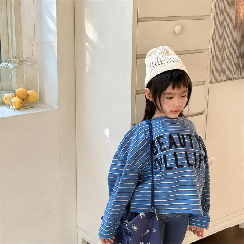 長袖Tシャツ キッズトップス ボーダーレターロゴアップリケ長袖Tシャツ【mh0008964】