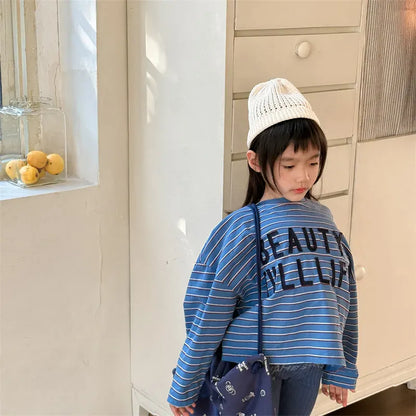 長袖Tシャツ キッズトップス ボーダーレターロゴアップリケ長袖Tシャツ【mh0008964】