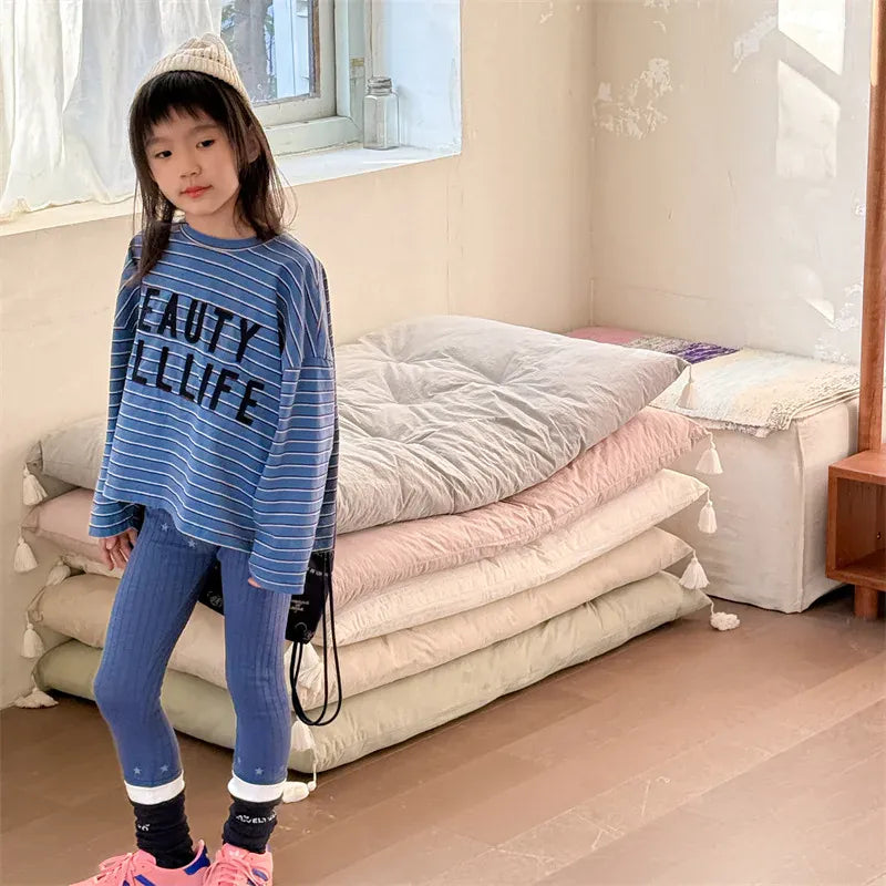 長袖Tシャツ キッズトップス ボーダーレターロゴアップリケ長袖Tシャツ【mh0008964】