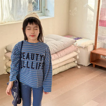 長袖Tシャツ キッズトップス ボーダーレターロゴアップリケ長袖Tシャツ【mh0008964】