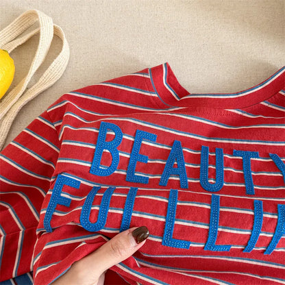 長袖Tシャツ キッズトップス ボーダーレターロゴアップリケ長袖Tシャツ【mh0008964】