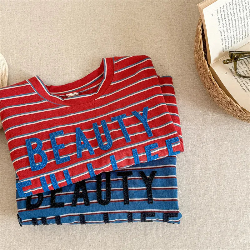 長袖Tシャツ キッズトップス ボーダーレターロゴアップリケ長袖Tシャツ【mh0008964】