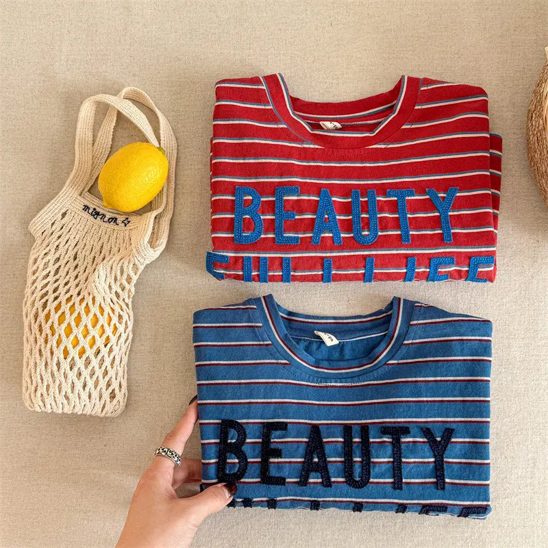 長袖Tシャツ キッズトップス ボーダーレターロゴアップリケ長袖Tシャツ【mh0008964】