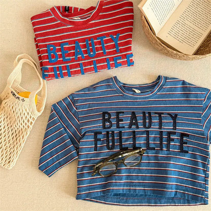 長袖Tシャツ キッズトップス ボーダーレターロゴアップリケ長袖Tシャツ【mh0008964】