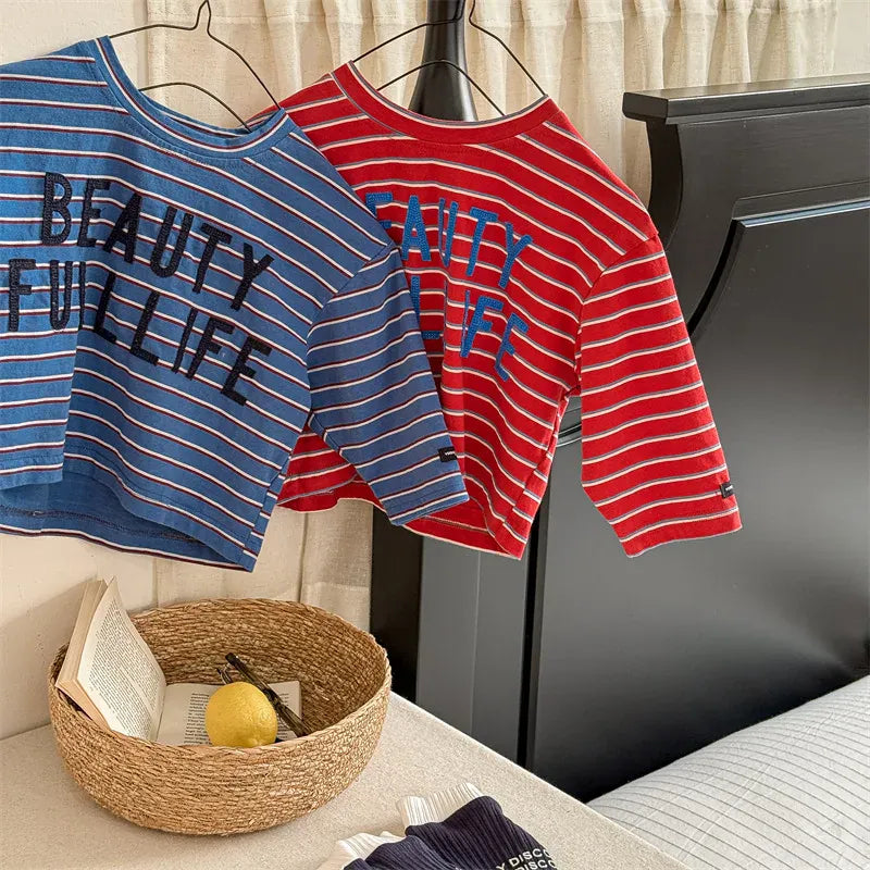 長袖Tシャツ キッズトップス ボーダーレターロゴアップリケ長袖Tシャツ【mh0008964】