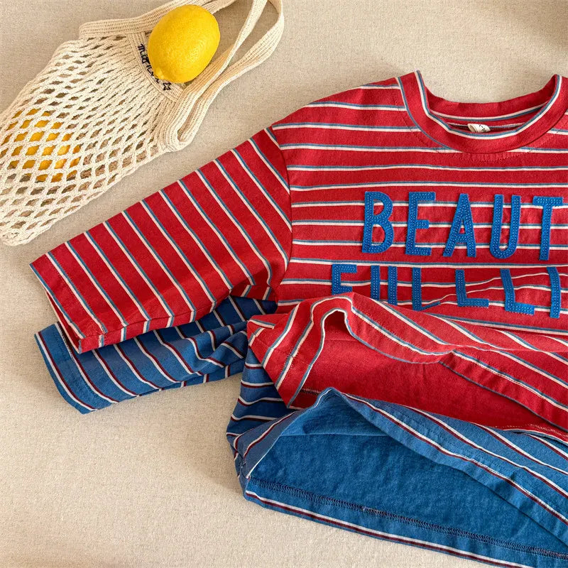 長袖Tシャツ キッズトップス ボーダーレターロゴアップリケ長袖Tシャツ【mh0008964】