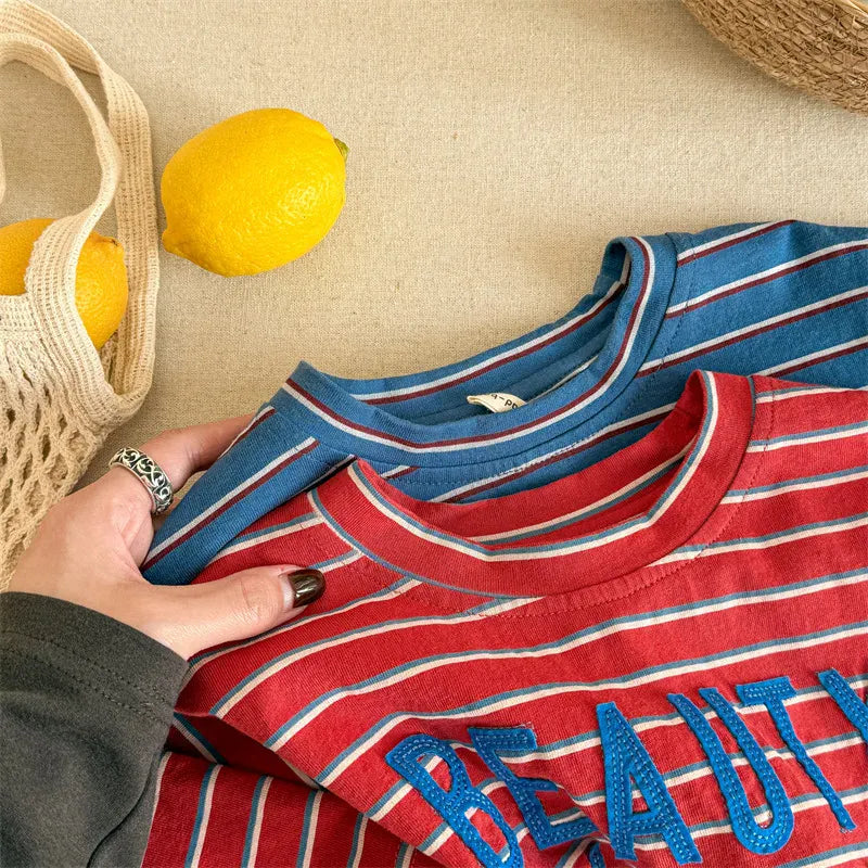 長袖Tシャツ キッズトップス ボーダーレターロゴアップリケ長袖Tシャツ【mh0008964】