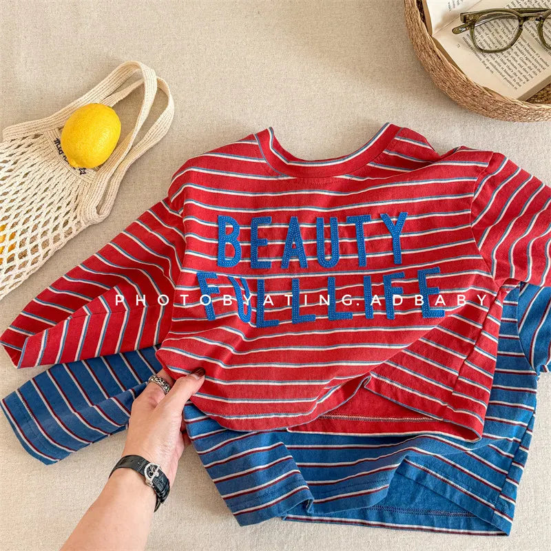 長袖Tシャツ キッズトップス ボーダーレターロゴアップリケ長袖Tシャツ【mh0008964】