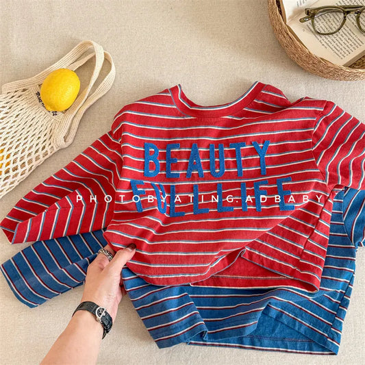 長袖Tシャツ キッズトップス ボーダーレターロゴアップリケ長袖Tシャツ【mh0008964】