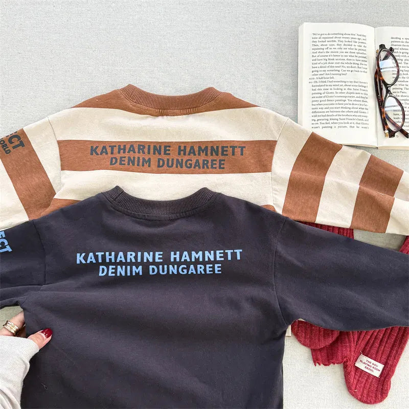 長袖Tシャツ キッズトップス ボーダー/無地ロゴプリント長袖Tシャツ【mh0008965】