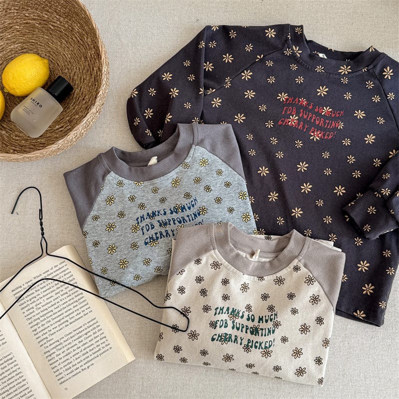 長袖Tシャツ キッズトップス レトロフラワープリントラグランスリーブ長袖Tシャツ【mh0008996】