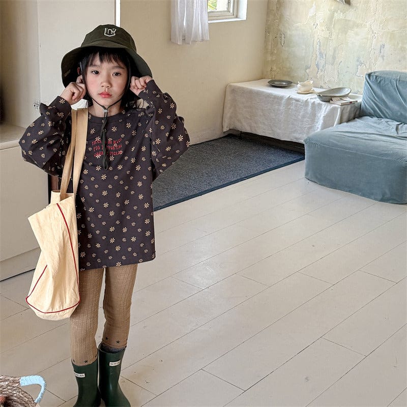 長袖Tシャツ キッズトップス レトロフラワープリントラグランスリーブ長袖Tシャツ【mh0008996】