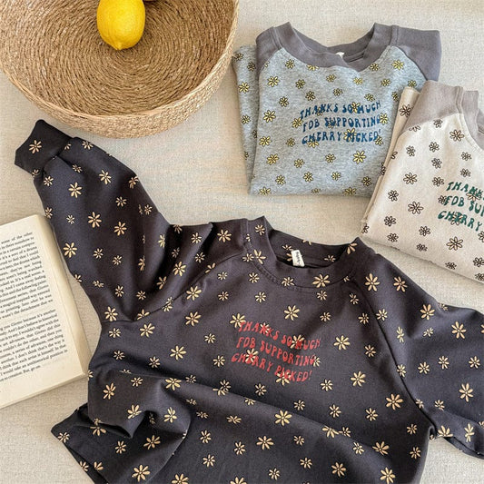 長袖Tシャツ キッズトップス レトロフラワープリントラグランスリーブ長袖Tシャツ【mh0008996】