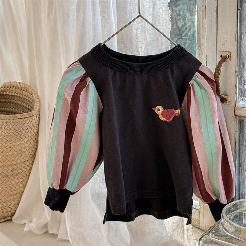 長袖Tシャツ キッズトップス 小鳥ワンポイントストライプ長袖パフスリーブTシャツ【mh0009012】