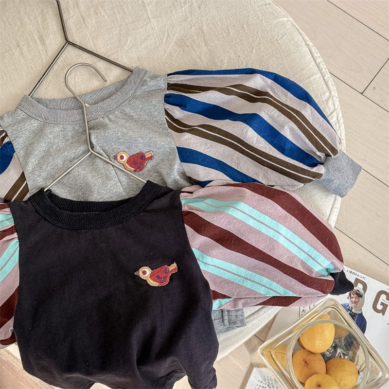 長袖Tシャツ キッズトップス 小鳥ワンポイントストライプ長袖パフスリーブTシャツ【mh0009012】