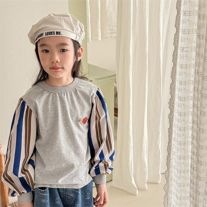 長袖Tシャツ キッズトップス 小鳥ワンポイントストライプ長袖パフスリーブTシャツ【mh0009012】
