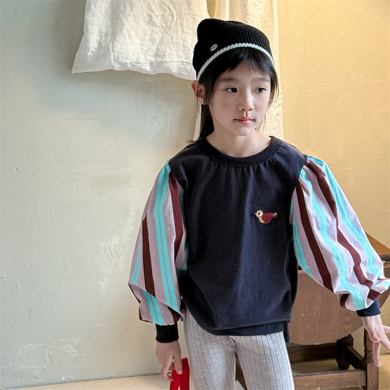 長袖Tシャツ キッズトップス 小鳥ワンポイントストライプ長袖パフスリーブTシャツ【mh0009012】