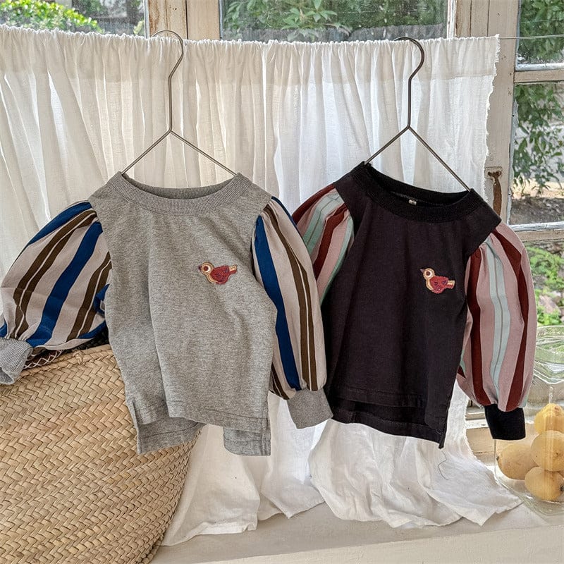 長袖Tシャツ キッズトップス 小鳥ワンポイントストライプ長袖パフスリーブTシャツ【mh0009012】