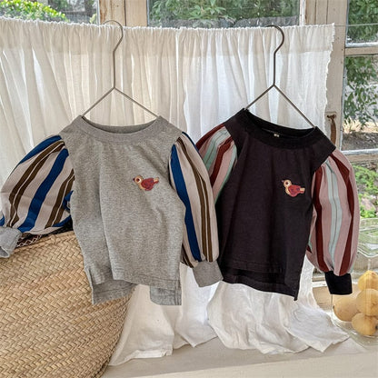 長袖Tシャツ キッズトップス 小鳥ワンポイントストライプ長袖パフスリーブTシャツ【mh0009012】