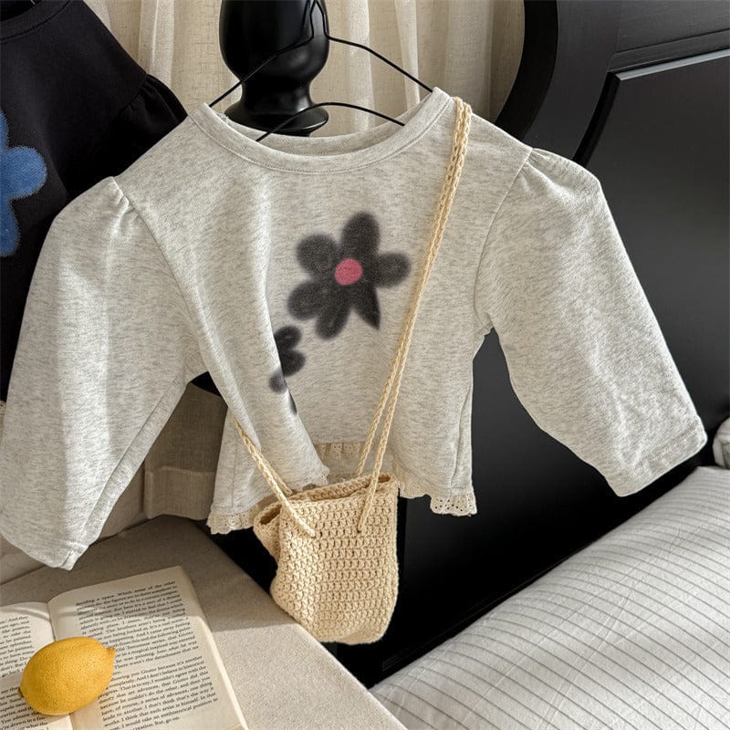 長袖Tシャツ キッズトップス フラワープリント裾レース長袖Tシャツ【mh0009014】