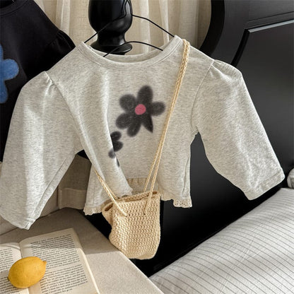 長袖Tシャツ キッズトップス フラワープリント裾レース長袖Tシャツ【mh0009014】