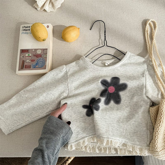 長袖Tシャツ キッズトップス フラワープリント裾レース長袖Tシャツ【mh0009014】